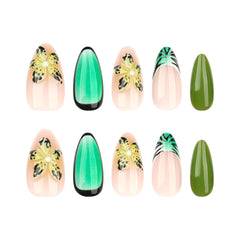 YICKYUE - Comics Style Stripe French Fake Y2k Nails Long Almond Press On Nails 3D Flowers Decor False Nails With Green Gradient Designs
