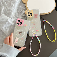 Cute Bear Bunny Korean 3D Tulip Love Beads Bracelet Chain Star Phone Case For iPhone 13 12 11 Pro Max X XS XR Transparent Cover