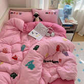 YICKYUE - Washed Cotton Soft Bedding Set Cute Cartoon Duvet Cover Bedclothes Bedspread Pillowcases Flat Sheets Comforter Sets for Girls