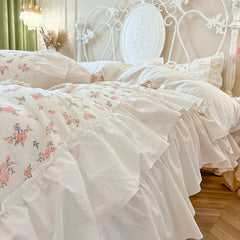 YICKYUE - Double Layer Yarn 100% Cotton Floral Print Pleat Lace Ruffles Bedding Set,1 Duvet Cover,2 Pillowcases,1 Flat sheet, Without Core