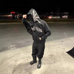 Hearujoy black men streetwear Autumn and Winter New Dark Rhinestone Letter Y2K Full Zipper Wings Clothes Retro Loose Hoodie Sweater