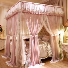 Pink Gray Green Double-deck Romantic White Lace Luxury Palac Style Three-door Quadrate Floor-standing Mosquito Net Bedding Set