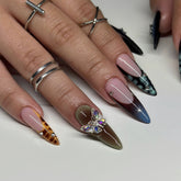 YICKYUE - 24pcs French Fake Nails 3D Butterfly Rhinestone Design Press on Nails Full Cover Wearable Sweet Cool Leopard Almond False Nails