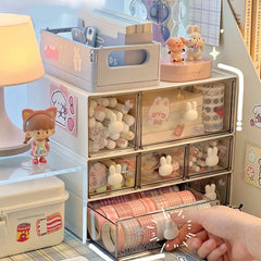 Kawaii Desk Organizer Drawer With Sticker Cute Plastic Clear Organizing Boxes Stationery Storage Box Container For Home School