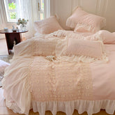 Yickyue Vintage French Style 600TC Egyptian Cotton Bedding Set with Lace + Nail Beads Soft Duvet Cover Set 4Pcs (Queen King Size,Pink)