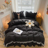 Black White Pink Yellow Brown Gray Blue Brushed Princess 4pcs Bedding Set Lace Ruffles Bed Skirt Quilt/Duvet Cover Pillowcases