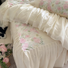 YICKYUE - Rose Flowers Printing Bedding Set Korean Style Luxury Princess Lace Duvet Cover Bed Skirt Pillowcases 100% Cotton Home Textile