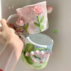 YICKYUE 3D Three-dimensional Relief Ceramic Cup Large Capacity High Appearance Level Hand-painted Kneading Carving Craft Breakfast Cup