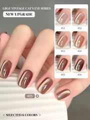 YICKYUE - 6 PCS Lige Retro Cat's Eye Gel Nail Polish 2025 Autumn and Winter Gentle Whitening Champagne Gold Glass Beads Nail Art Supplies