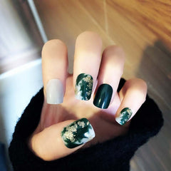 24pcs acrylic press on nails Green Blooming Nail-finished Stickers Women Fashion Retro Square Full Cover False Nail Patch TN