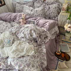 YICKYUE - 3/4Pcs Korean Princess Style Floral Ruffles Bedding Set Skin-friendly Soft Duvet Cover Set Bed Sheet Or Bed Skirt Pillowcases