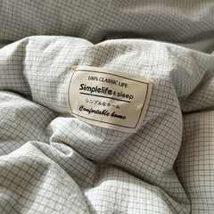 YICKYUE - Korean Style Washed Cotton Checkered Bedding Set - Lace Trim