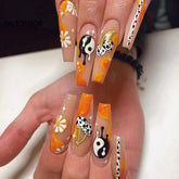 Nails Set Press On Long 24Pcs Glossy Orange False Nails Cherry Pattern Design Nail Tips Wearable Full Cover Free Shipping