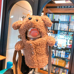 Yickyue Kawaii 450ml Stainless Steel Kids Thermos Water Bottle With Straw Cute Plush Cup Cover Baby Student Thermal Water Cup Girl Gifts