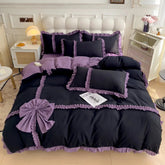 YICKYUE - Korean Princess Style Lace Ruffles With Bow Decoration Bedding Set Black/Purple Duvet Cover Set Bed Sheet Bed Skirt Pillowcases