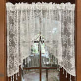 White Floral Lace Sheer Curtain Vintage Beaded Triangle Window Drapes for Dining Room Kitchen Entryway Elegant Home Decor