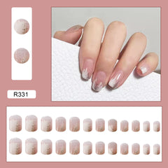 24pcs/box Fake Nails Press on Short Reusable Nailss Set French Artificial Pink Flash Silver False Tipsy Stick-on Nails Tips Art