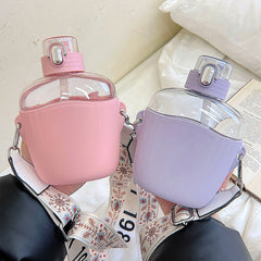 700 ML Large Capacity Flat Plastic Water Bottles For Girls With Straw Portable Strap Outdoor Cycling Sport Drinking Water Kettle