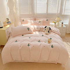 YICKYUE - 3/4Pcs Winter Thickened Warm Milk Velvet Christmas Tree Embroidery Bedding Set Duvet Cover Bed Sheet Pillowcase Christmas Gifts