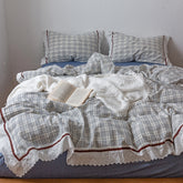 YICKYUE - Korean Style Pure Cotton Seersucker Lattice Lace Ruffles Bedding Set INS Style Girl Bed Sets Duvet Cover Bed Sheet Pillowcases