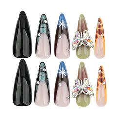 YICKYUE - 24pcs French Fake Nails 3D Butterfly Rhinestone Design Press on Nails Full Cover Wearable Sweet Cool Leopard Almond False Nails