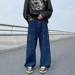 YICKYUE - Blue Baggy Cargo Jeans Men Fashion Oversized Pocket Jeans Mens Japanese Streetwear Hip-hop Loose Straight Denim Trousers Men