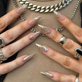 YICKYUE - White Ballet French Wea Gold Lava Water Ripple Nail Art Almond Shape False Nails Detachable Finished Fake Nails Press on Nails