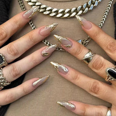 YICKYUE - White Ballet French Wea Gold Lava Water Ripple Nail Art Almond Shape False Nails Detachable Finished Fake Nails Press on Nails