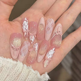 YICKYUE - 10pcs Handmade Almond Press On Nails Gradient Cat Eye Pink French Fake Nail Bow Design Full Cover Nail Tips Wearable False Nail