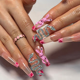 YICKYUE - Shiny Rhinestone Snake Cute Rabbit Long Ballet Fake Art Nail Pink French Detachable Finished False Nail Tip Press on Nail Glue