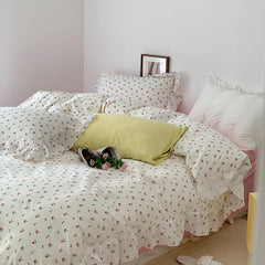 Yickyue 100% Cotton Vintage Rose Flowers Ruffled Duvet Cover Set for Girls Twin Queen 3/4pcs Machine Washable Breathable Bedding set