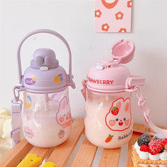 1100ML Large-Capacity Water Bottle Cute Rabbit Plastic Cup Direct Drinking Straw Cup Portable Cold Drinking Bottle with Stickers