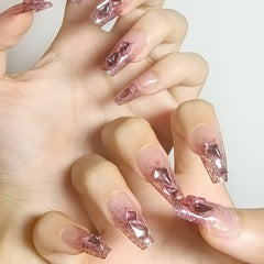 24Pcs Coffin False Nails 3D Super Shiny Purple Rhinestones Decor Fake Nails Full Finished Fake Nail Acrylic Patches For Girls