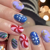 YICKYUE - 24pcs Short Round Christmas Fake Nails Shiny Blue Purple Color False Nail Tips with Gold Star Snowflake Decor Press on Nails
