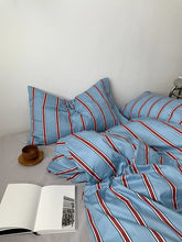 Yickyue New 100% Cotton Blue Bedding Set Luxury Simple Striped Bed Sheet Quilt Cover Pillow Case Bed Hat Fashion Design 2.0m/1.2m Bed