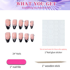YICKYUE - 24pcs/ box long white French almond nail, white star jewelry ribbon, press nails, nail patch, removable nail wear for women and