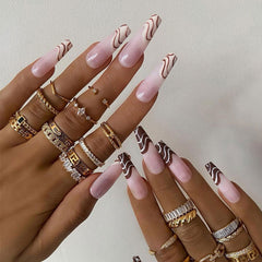 24pcs White Black Fake Nails with Designs Long Coffin Ballerina False Nails Butterfly Metal Press On Nail Manicure Tip