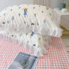 Cilected 100% Cotton Lotus Leaf Lace Pillowcase Ins Pastoral Style Single And Double Small Floral Cushion Cover With Zipper 2PCS