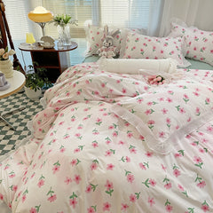 Yickyue Fresh Flower 4pcs Bedding Sets Skin-Friendly Soft Comforter Bedding Sets Bed Sheets Pillowcases Duvet Cover with Lace for Girls