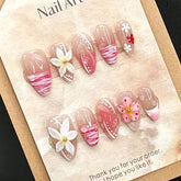 YICKYUE - 10pcs Handmade Press on Nails Japanese Lily Flower Pink Almond False Nail Full Cover Wearable Hand Carving Korean Fake Nail Tips