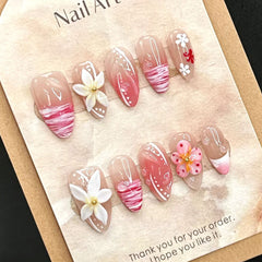 YICKYUE - 10pcs Handmade Press on Nails Japanese Lily Flower Pink Almond False Nail Full Cover Wearable Hand Carving Korean Fake Nail Tips