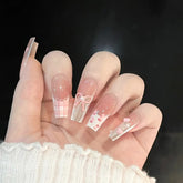 YICKYUE - 10Pcs Handmade Press on Nails French Full Cover Pink Bow Heart Design Lovely Fake Nails Sweet Cute Manicure Nail Tips