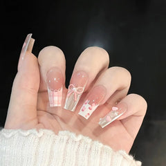 YICKYUE - 10Pcs Handmade Press on Nails French Full Cover Pink Bow Heart Design Lovely Fake Nails Sweet Cute Manicure Nail Tips