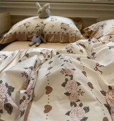 YICKYUE - Vntage fairyfair ruffle flower rose bed set,twin full queen retro pastoral cotton home textile flat sheet pillowcase duvet cover