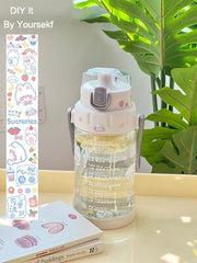 2L Kawaii Water Bottle With Time Marker Straw Plastic Clear Sport Gym Water Jug Gourd Cute Large Portable Drink Bottle BPA Free