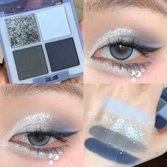 YICKYUE - 4-Color Starry Sky Blue Eyeshadow Palette Matte Fine Flash Pigmented Blush Powder 4 Color Pressed Eyeshadow Party Makeup Palette