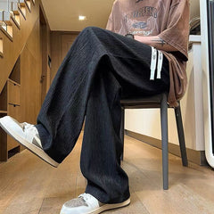 Hearujoy Texture Ice Silk Quick Drying Casual Pants Men Drawstring Loose Straight Leg Trousers Summer Fashion Sport Pant Streetwear