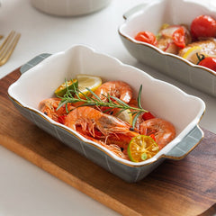 European Style Phnom Penh Ceramic Bakeware Anti-scalding Handle Kitchen Baking Pan For Baked Rice Meat Lasagna Rectangle Round