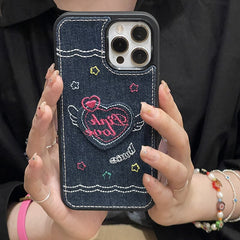 Korean Denim Embroidered Love Heart Phone Case For iphone 13 12 11 Pro XS Max XR X Pink Love Heart Pendant Soft Silicone Cover
