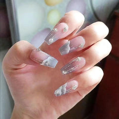YICKYUE - 10 pcs Luxury Handmade Press on Nails Middle Trapezoid Dark Blue Gradient Ocean With Rhinestones Design Art Nail Tips